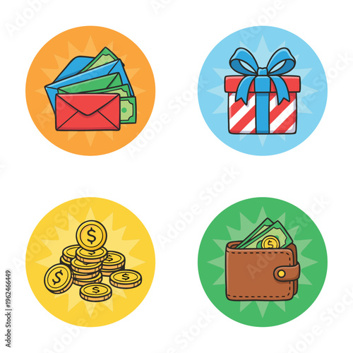Set of four circular icons representing financial concepts and gifts.