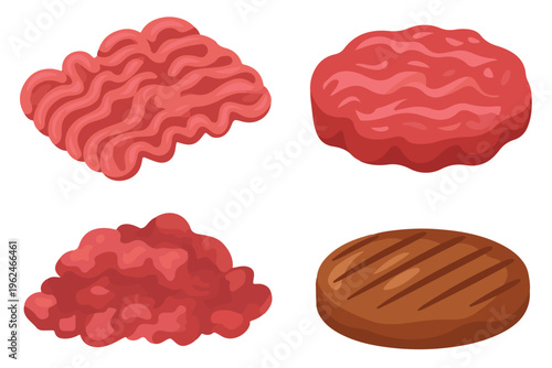 Raw minced meat products vector icons showcasing ground beef textures and grilled burger patty for butcher shop and barbecue food concept