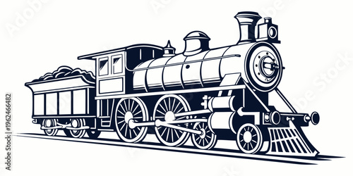 A detailed illustration of a vintage steam locomotive in black and white