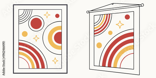 Colorful abstract art with overlapping circles and lines on two canvases