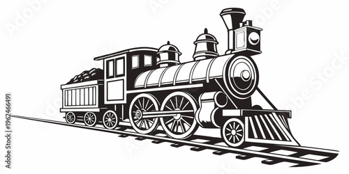 A detailed black and white illustration of a vintage steam locomotive