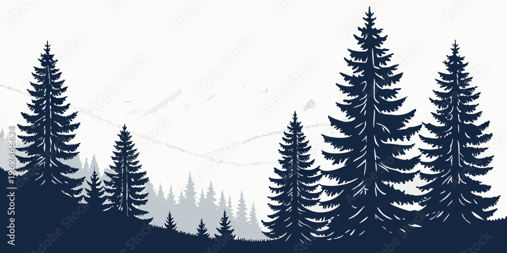 Obraz premium Silhouettes of tall pine trees against a dark sky with a mountain range in the background
