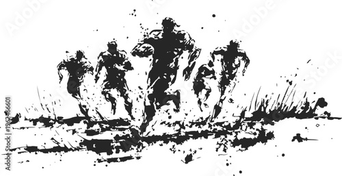 Rugby players running on field in dynamic silhouette black and white illustration