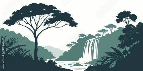 A serene tropical landscape with a majestic waterfall and lush green trees