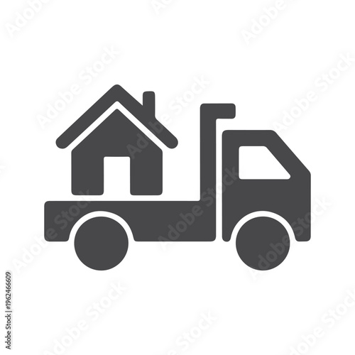 Minimalist House Moving Truck Icon – Home Relocation Delivery Vehicle Symbol for Moving Service, Logistics Transport and Residential Shift Concept.