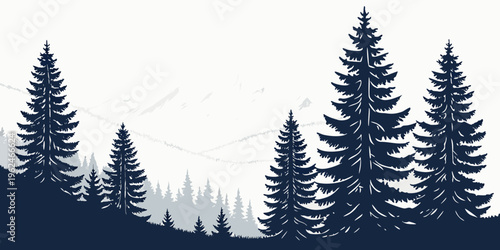 Silhouettes of tall pine trees against a dark sky with a mountain range in the background