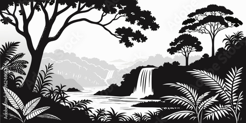 A serene landscape featuring a waterfall surrounded by lush trees and a tranquil lake
