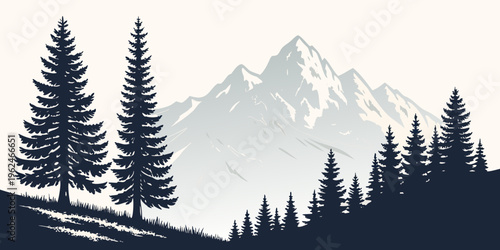 Majestic mountain landscape with tall pine trees under a starry night sky