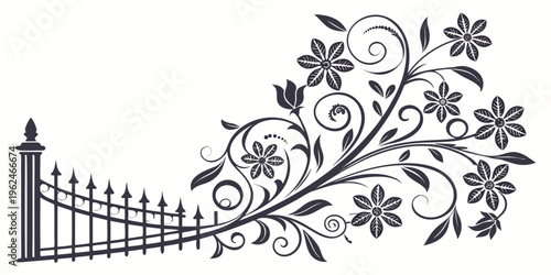Intricate black and white floral design with a gate