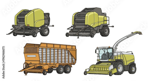 Set of Modern Agricultural Harvesting Machinery Including Forage Harvester, Round Balers, and Silage Trailer Vector Illustration