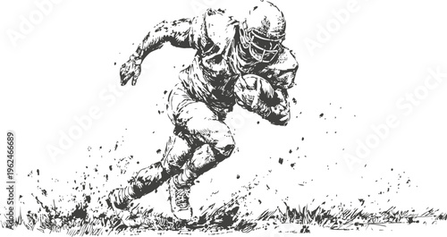 American football player running with ball on grass field in dynamic action pose