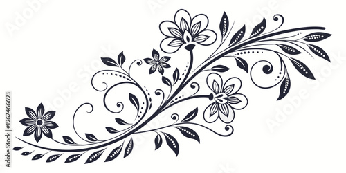 Intricate black and white floral design with flowing branches and leaves