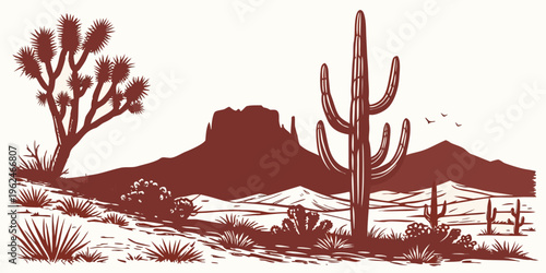 Silhouette of cacti and mountains in a desert landscape at sunset.