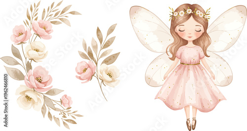 Whimsical illustration of a fairy surrounded by delicate floral wreaths and garlands in soft pastel colors and gold accents