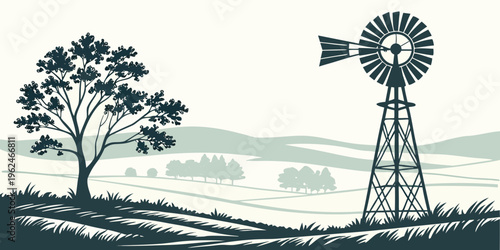 A picturesque countryside scene with a windmill and trees under a clear sky