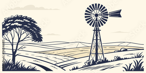 A serene countryside landscape with a windmill and trees in the distance