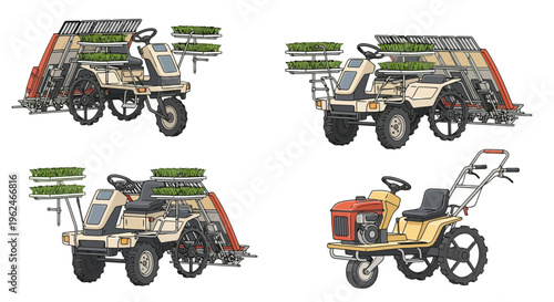 Rice Transplanter and Agricultural Machinery Set, Modern Farm Equipment Vector Illustration for Paddy Planting