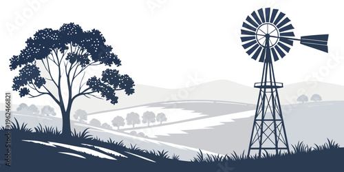 A serene landscape featuring a windmill and a solitary tree on a grassy hill