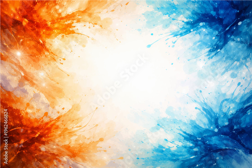 Abstract watercolor design, blending warm and cool hues, bursts with energetic brushstrokes and fluid movements, creating a dynamic visual representation.