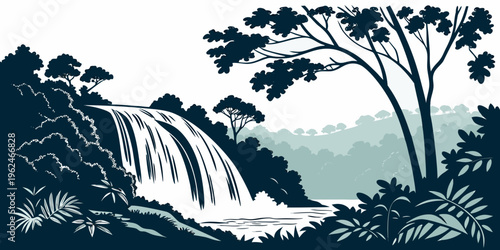 A serene landscape of cascading waterfalls surrounded by lush greenery and trees