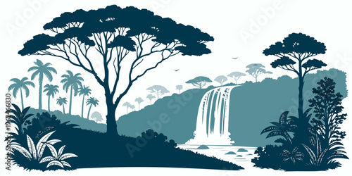 A serene landscape featuring a majestic waterfall amidst lush greenery and towering trees