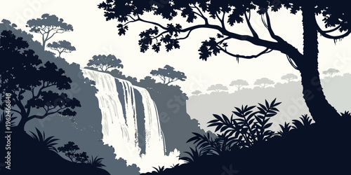 Majestic waterfalls cascading down a lush green mountain with dense trees in the background