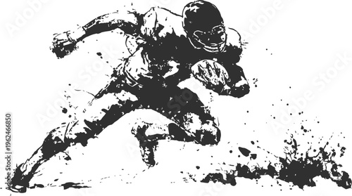 American football player running with ball kicking up dirt in dynamic action pose