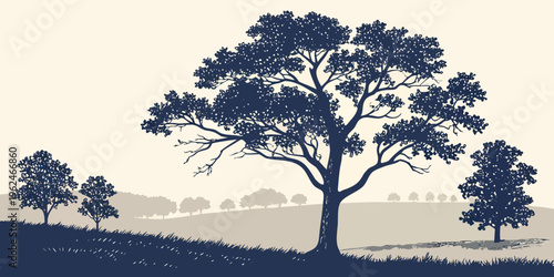 A majestic tree stands tall on a hill overlooking a vast landscape