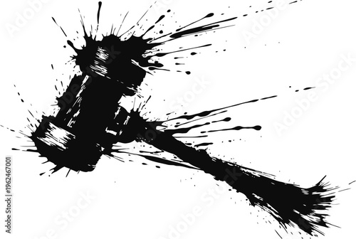 Gavel silhouette with black ink splatter splash artistic design on white background