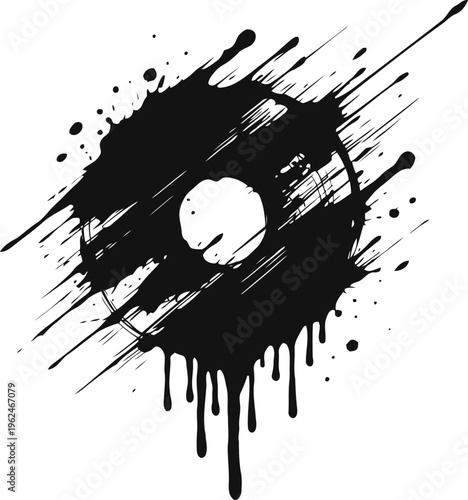 Grunge vinyl record silhouette with paint splatter and dripping ink effect design