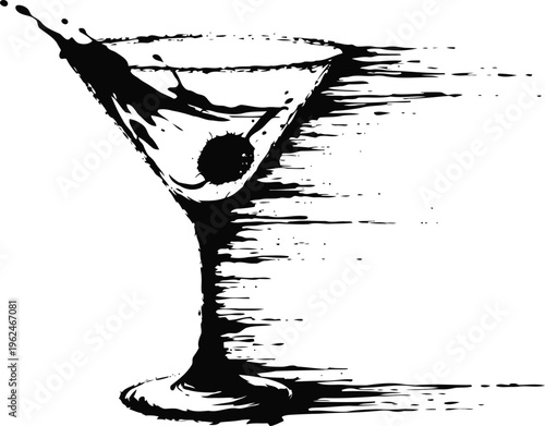 martini glass with olive and splash effect in black ink drawing