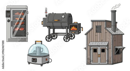 Meat Smoking and Preservation Equipment Set: Offset BBQ Smoker, Industrial Smoker Cabinet, and Traditional Wooden Smokehouse Vector Illustration