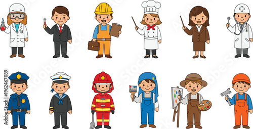 Occupational Character Set with Professions Including Doctor, Chef, Police, Firefighter, and More