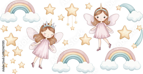 Whimsical illustration of two cute fairies surrounded by rainbows clouds and stars in pastel colors