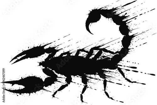 Black scorpion silhouette with ink splatter effect on white background, aggressive wildlife illustration