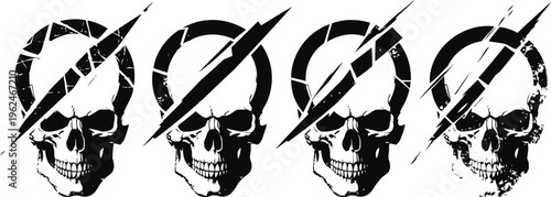 Grunge skull illustrations with diagonal slash set of four distressed black human skull designs in vector