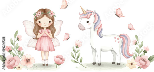 A little girl standing next to a beautiful pink unicorn surrounded by flowers and butterflies in a garden scene