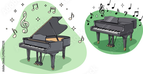 Grand piano vector illustration with musical notes, elegant black piano instrument on green background, classical music concert and performance art