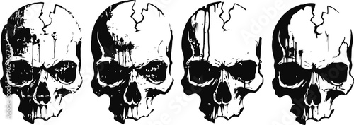 Four cracked human skull illustrations in black and white with detailed shadows and cracks