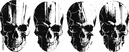 Four distressed skull illustrations with vertical paint stroke textures on white background