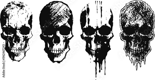 Grunge skull illustrations set of four detailed black skulls with artistic textures and distressed effects