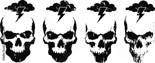 Row of four black skull illustrations with thundercloud and lightning above on white background