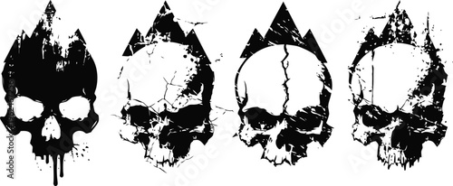 grunge skull illustrations set with cracked textures and triangular backgrounds for edgy design