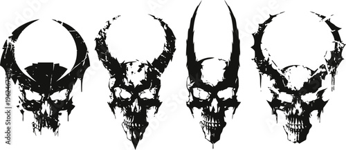 four black gothic skull designs with horns and intricate dripping details on white background