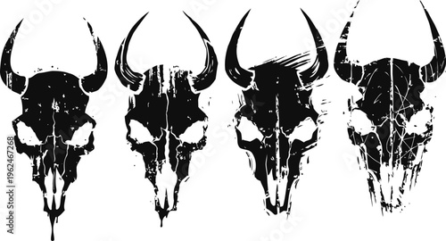 Set of four distressed buffalo skull silhouettes with horns grunge animal skull collection for tattoo or design