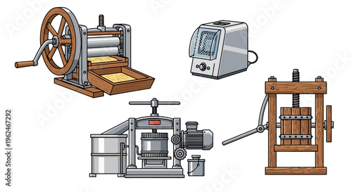 Set of Agricultural and Farm Processing Machinery, Including Traditional and Modern Presses for Juice and Oil Extraction