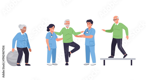 Geriatric Physical Therapy & Rehabilitation. Seniors Exercising with Healthcare Professionals for Active Aging & Wellness.