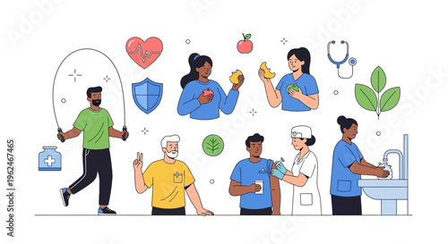Healthy Lifestyle Habits and Medical Prevention Concept: Diverse People Practicing Fitness, Nutrition, Hygiene, and Vaccination for Well-being