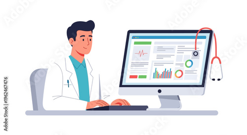 Doctor Working on Computer with Medical Data and Stethoscope - Telemedicine and Digital Health Concept Illustration