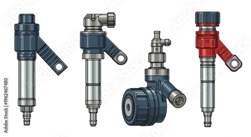 Vector Illustration of Diesel Fuel Injectors for Agricultural Machinery and Farm Equipment Maintenance